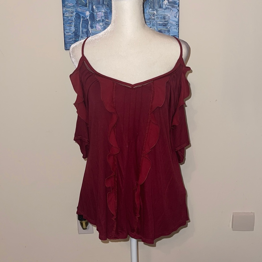 WHBM maroon cold shoulder top with ruffles and tie back